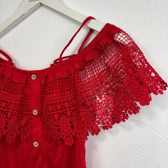 No Boundaries Blouse Red Boho Cute Off Shoulder Shirt Button Accent Solid Womens - Picture 2 of 6